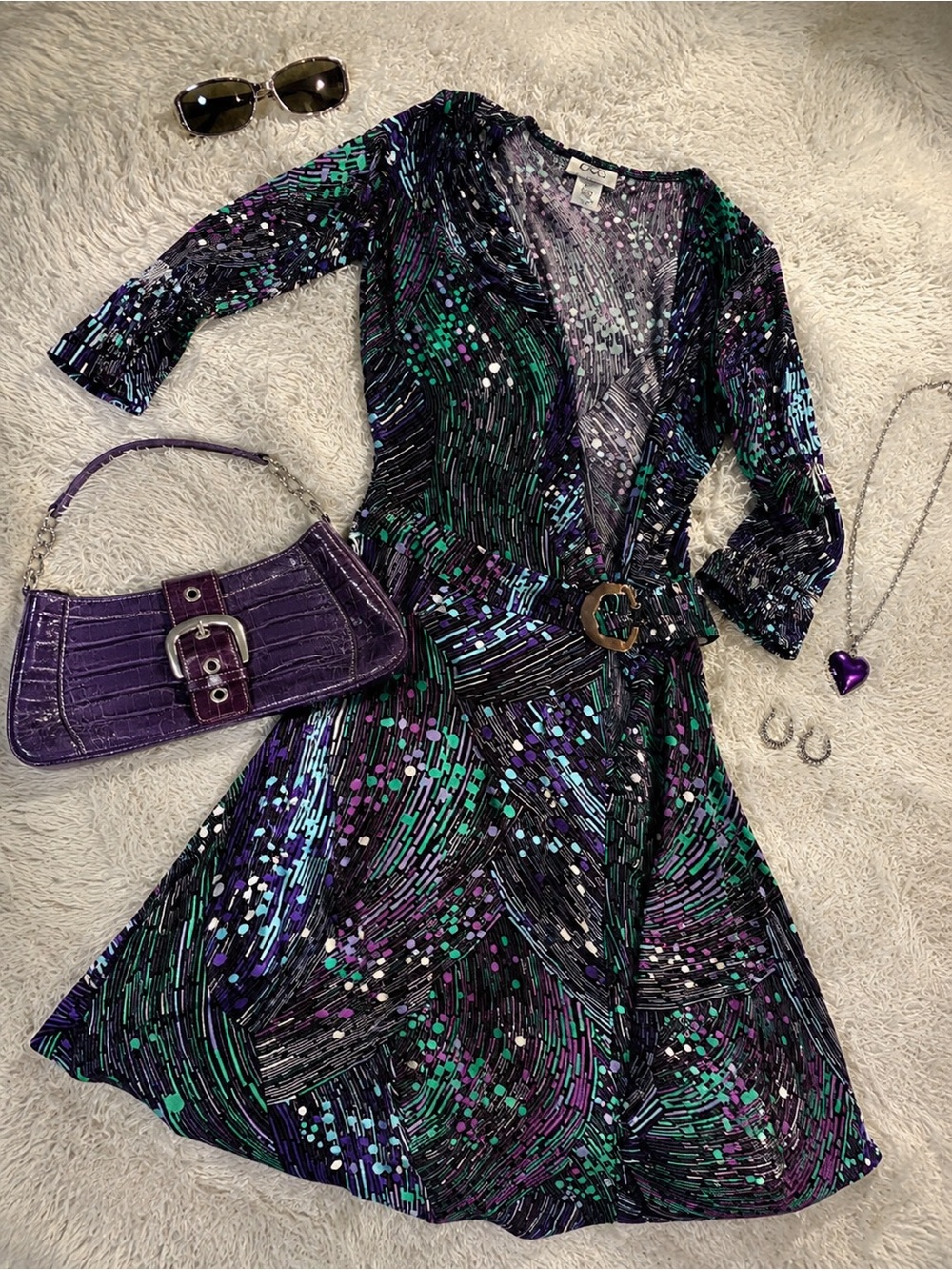 Cache Multicolor Print Y2K Dress Black,Green,Purple Belted small